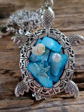 Silver Toned Turtle  Necklace with Blue Shell